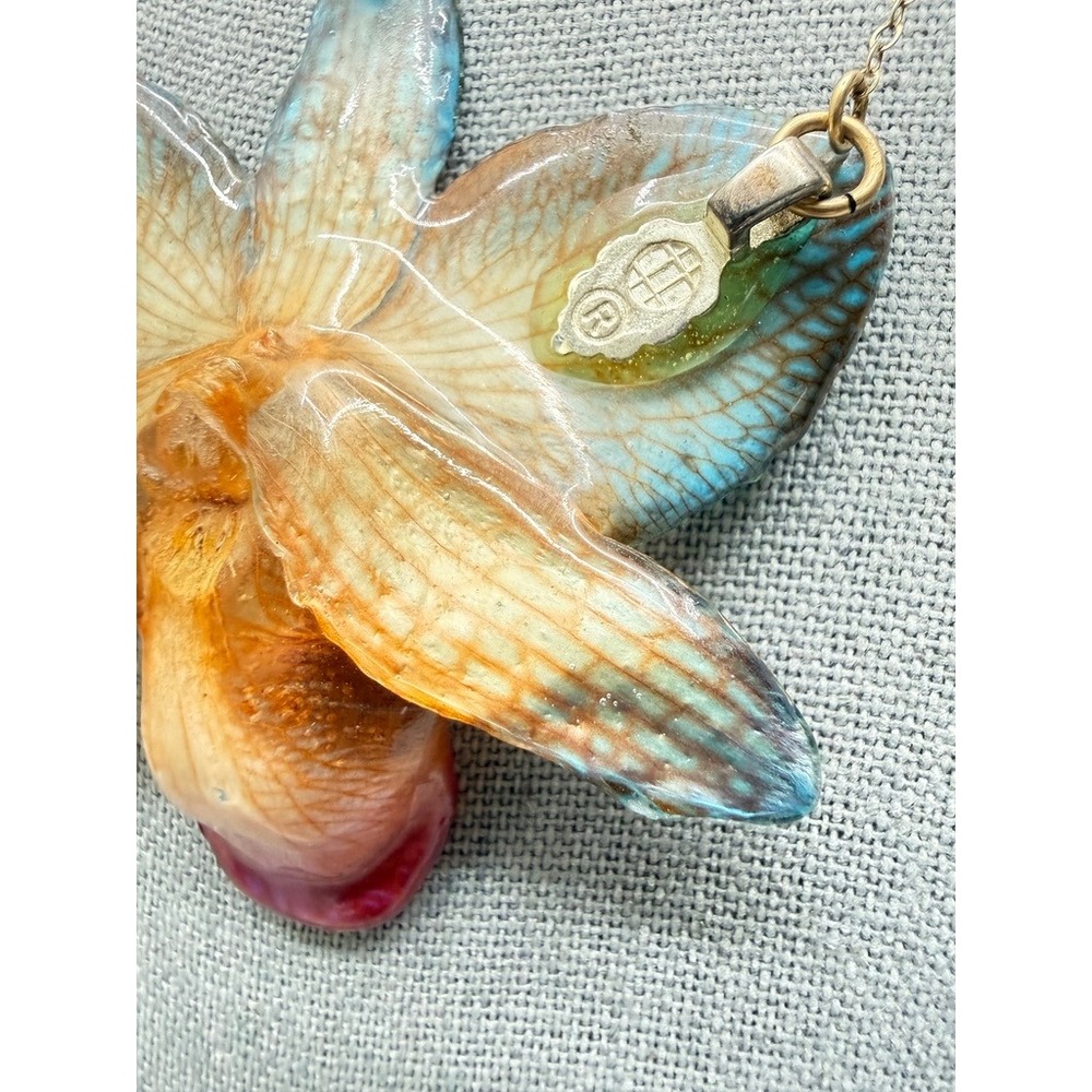 Preserved Real Orchid Gold Filled Chain Choker Necklace 16" Colorful Floral Chic - Picture 8 of 14